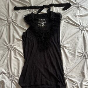 Black Fuzzy Trim Tank Top